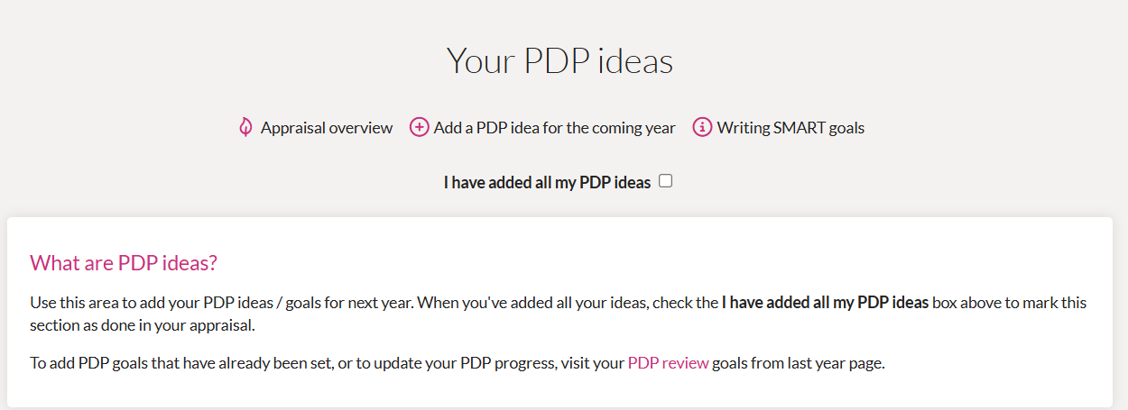 2. On the PDP ideas page, select Add a PDP idea for the coming year. — visual example 2